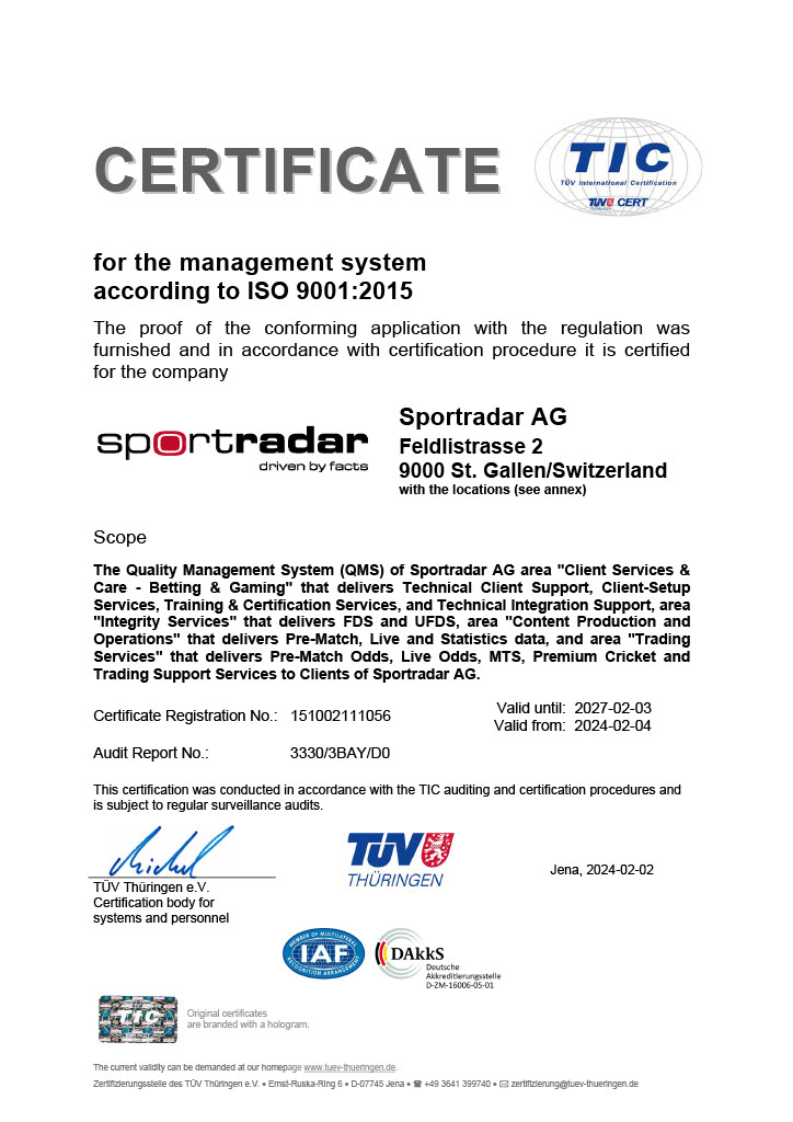 Sportradar AG Certificate ISO 9001 Sportradar AG Certificate ISO 9001
